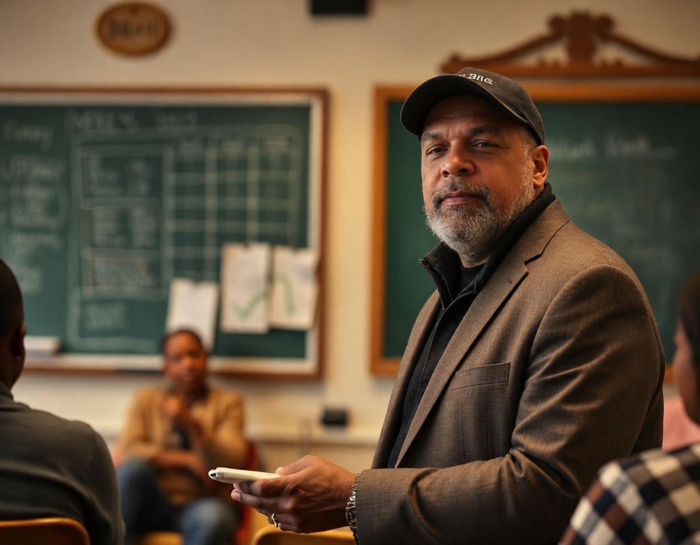 The founder teaching a community economics class in a neighborhood hall