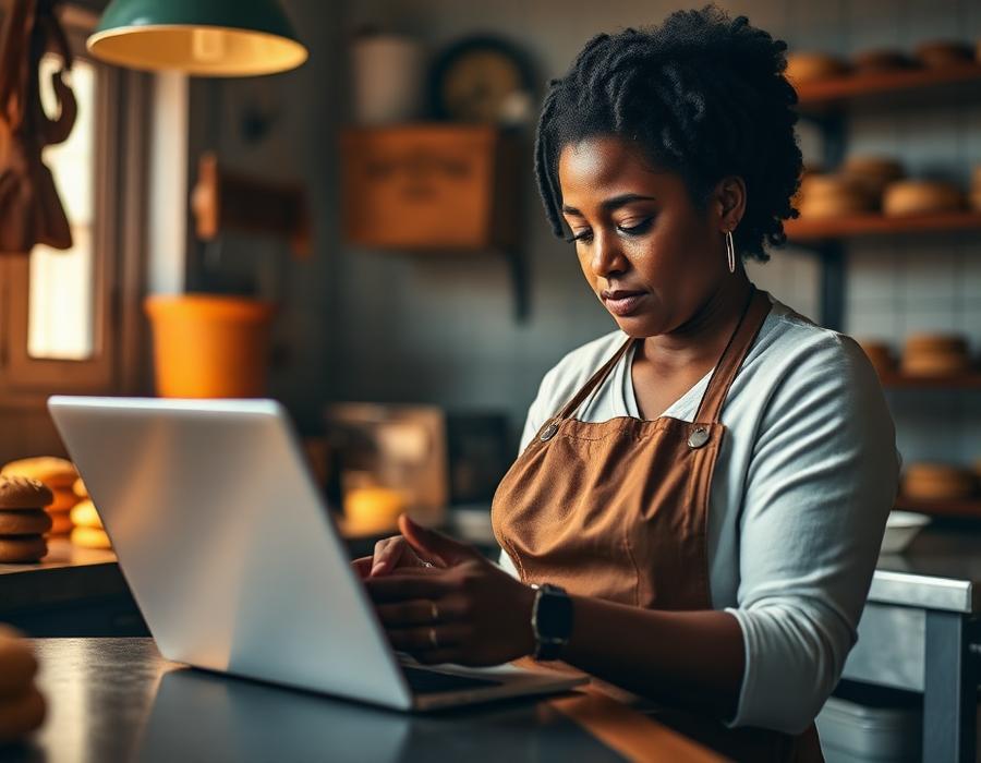 A Black woman entrepreneur reviewing her business finances on a laptop in her bakery