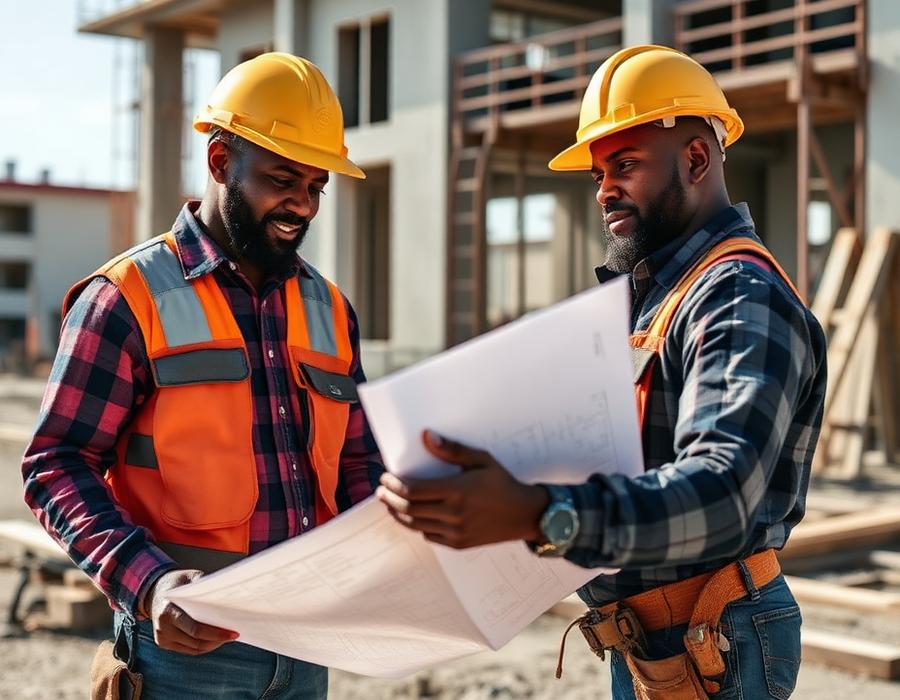 Two Black contractors reviewing construction blueprints at a job site
